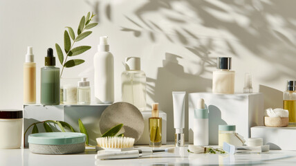 Elegant personal care products arranged neatly, casting soft shadows in daylight.