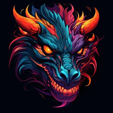 mean looking multi-coloured dragonhead logo on a black background 