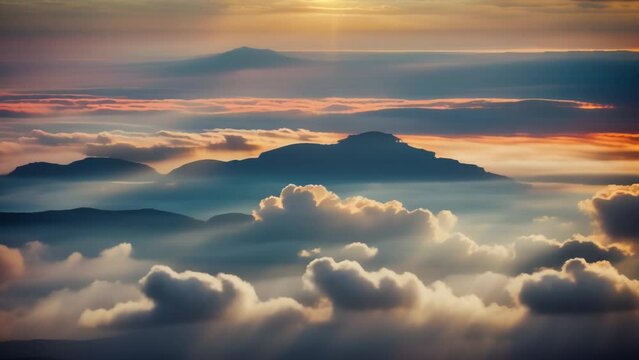 Ethereal timelapse: A breathtaking aerial vista reveals a kaleidoscope of colors as the sun sets above a blanket of clouds. Time-lapse. 4K.

