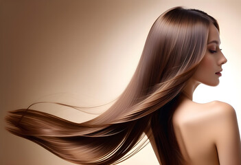 Back view of model woman with glossy brown smooth healthy long straight and shining hair waving in the wind and smooth skin of glowing natural beauty, For care and hair products,