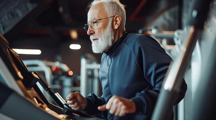 Foto auf Glas An elderly man in good health is jogging in the gym. Ai generate. © MOUNTAIN