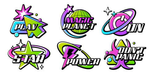 Retro Y2K logo set. Acid gradient color lettering logos for shirt, streetwear. Sticker, badges, slogan typography vector icon design illustration with star, button, planet earth. Futuristic elements.