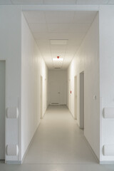 Hospital corridor, empty hospital hall. Modern medical clinic, closed doors. Vertical shot.