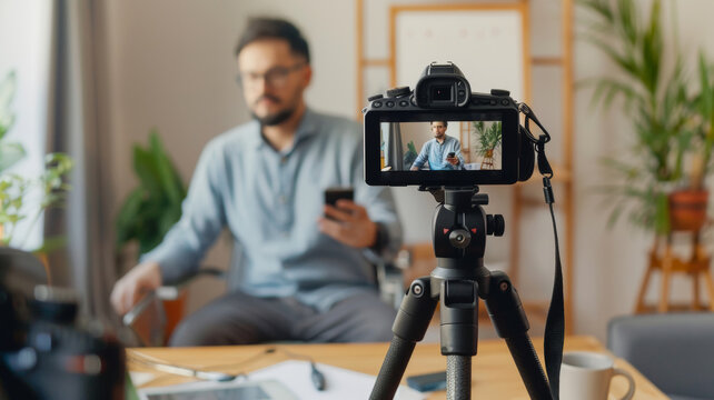 Male vlogger prepares for a new tech review, camera in focus.