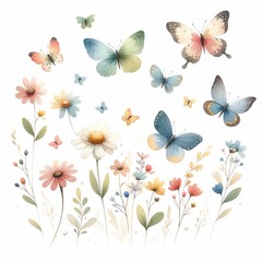 Butterflies fluttering among flowers. watercolor illustration,  garden scene with butterflies fluttering among the blooms. 