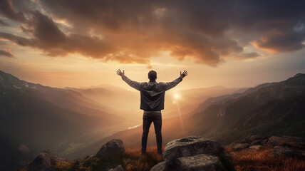 A man stands on the mountain top in the morning