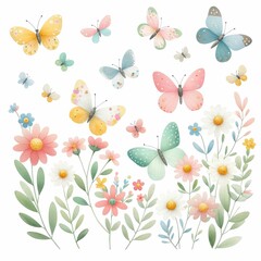 Butterflies fluttering among flowers. watercolor illustration,  garden scene with butterflies fluttering among the blooms. 