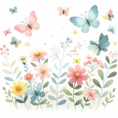 Butterflies fluttering among flowers. watercolor illustration,  garden scene with butterflies fluttering among the blooms. 