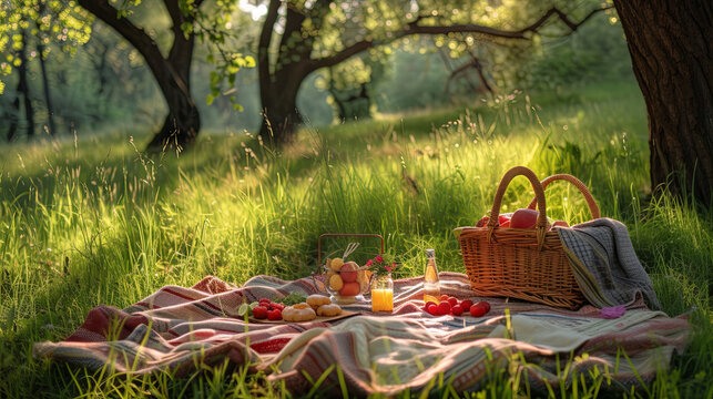 Vacation concept, picturesque place near water for picnic with basket and food