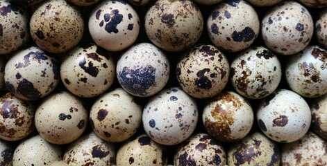 background texture of quail eggs stacked on a flat surface in a checkerboard pattern, close-up, small poultry eggs with spotted mottled shells standing in rows