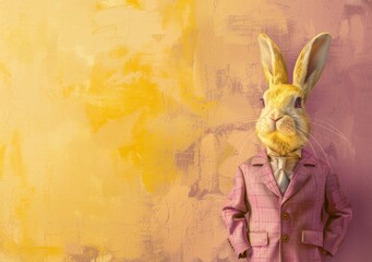 Surreal image of an anthropomorphic rabbit dressed in a stylish purple suit posing against a textured yellow wall