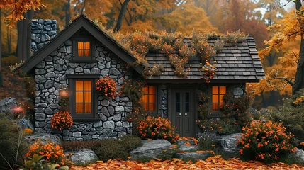 Foto op Canvas an old hut or barn made of stone against the background of beautiful autumn nature, cozy, decorated with flowers and vintage things © Jennifer
