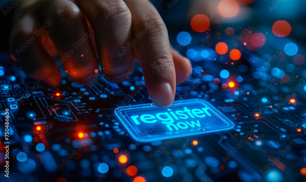 Poster businessperson interacting with a digital interface pressing a register now button, symbolizing onli