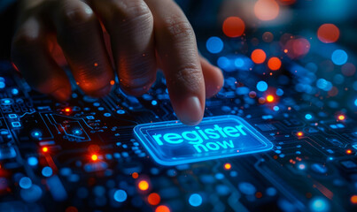 Businessperson interacting with a digital interface pressing a register now button, symbolizing online registration and modern technology engagement