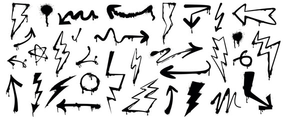 Set of spray paint arrows, drips and lightning bolts with graffiti effect. Black inky blots, thunder electricity symbol with ink splatters in urban street style. Brush lines and electric power sign. - obrazy, fototapety, plakaty