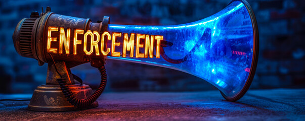 Enforcement concept with a vivid megaphone projecting the bold text ENFORCEMENT in gold and white, symbolizing authority and the need for compliance