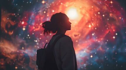 A student explores space through a virtual planetarium with a backpack. Concept Virtual Reality, Education, Technology, Space Exploration