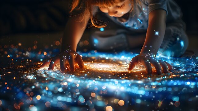 A child creates a sparkling galaxy with glitter on the floor. Concept Imagination, Creativity, Childhood Wonder, Glitter Galaxy, Playful Exploration