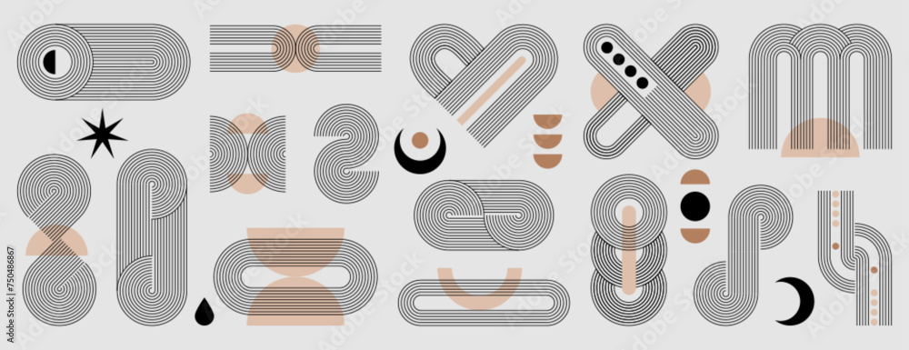Poster boho zen arch set. minimal simple linear figures, editable strokes and moon in trendy bohemian style