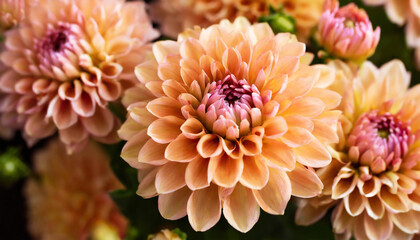 Close-up of blooming peach fuzz chrysanthemums with soft petals and detailed centers, conveying warmth and beauty.