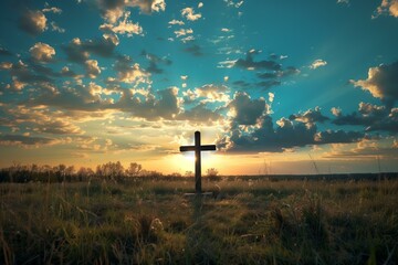 a cross standing in the field at sunset,, Easter theme, Good Friday - obrazy, fototapety, plakaty