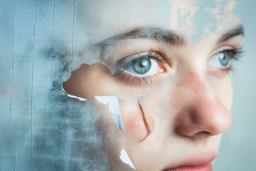 Artistic peeling photo effect on woman's eyes - obrazy, fototapety, plakaty