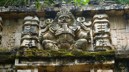 Fototapeta na wymiar A Mayan God sculpture in lotus position is seen on a building at the ancient Mayan city of Yaxchilan, Chiapas, Mexico