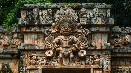 A Mayan God sculpture in lotus position is seen on a building at the ancient Mayan city of Yaxchilan, Chiapas, Mexico