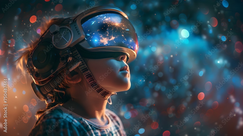 Poster a child explores space through augmented reality with an astronaut helmet. concept imaginative play,