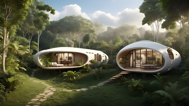A unique and diverse landscape view of rainforest capsule cottages, inspired by traditional architecture and rendered in a stunning side view. The cottages are nestled in the lush greenery of the rain