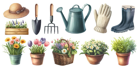 Watercolor illustration material set of gardening - obrazy, fototapety, plakaty