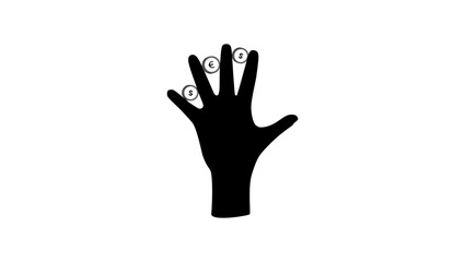 hand holding coins between fingers, black isolated silhouette