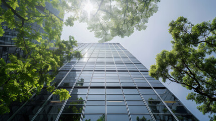 Looking up at a gleaming skyscraper amongst lush trees under a clear sky.
