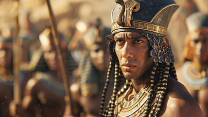 Animated ancient Egyptian warrior with meticulous historical attire. - obrazy, fototapety, plakaty