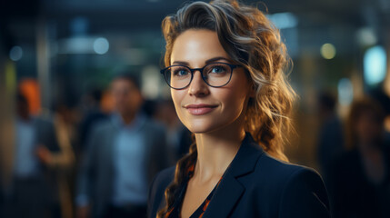 Close Portrait of a caucasian Business Woman with glasses and long curved hair and blue jacket with a blurry office in background