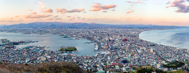 Panoramic view of the city of Hakodate at sunset (Hokkaido, Japan)