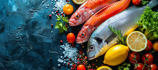 Fresh fish with fruit and vegetable, concept of heathy food  - obrazy, fototapety, plakaty