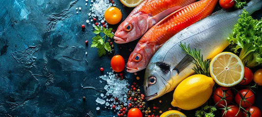 Fotobehang Fresh fish with fruit and vegetable, concept of heathy food  © Kateryna Kordubailo
