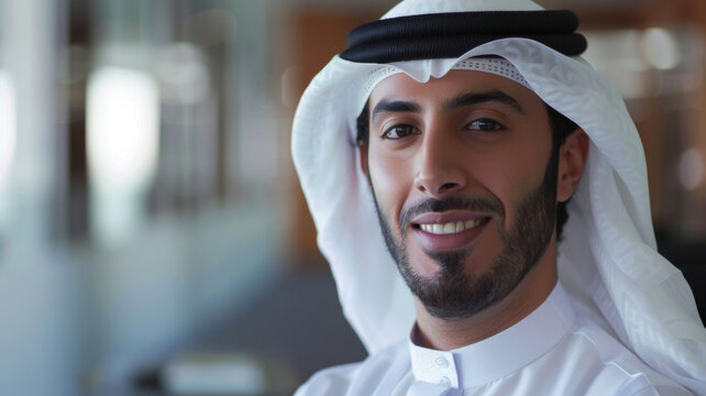 Smiling man in traditional Emirati attire with a confident aura.