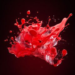 big Splash of satiny red and translucent paint with many tiny drops on a dark gradient background