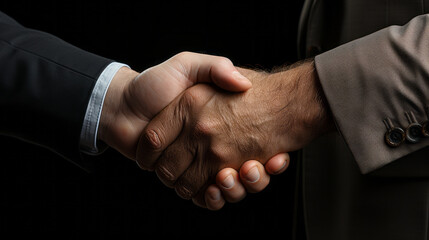 Close-up of a business Handshake between a mature hand with grey sleeve and a white hand with black sleeve on a dark background