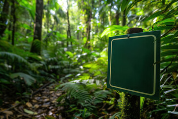 nature conservation, protected area sign mockup with lush green foliage, for park signage designs or as an illustration in environmental protection educational resources