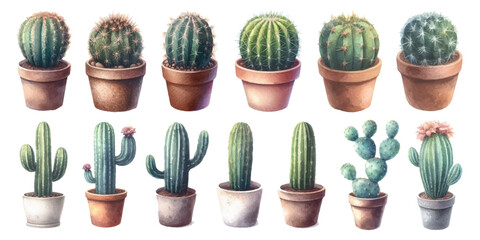 Watercolor illustration material set of cacti