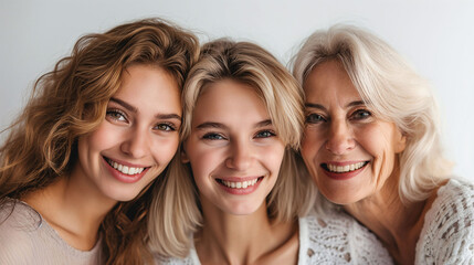 Three generations of women smiling together, representing family, happiness, and togetherness.