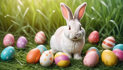 Fototapeta na wymiar Colorful Happy Bunny with many Easter eggs on grass. Festive background for decorative design