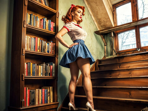 A red-haired girl in a short skirt stands by a shelf with books. The photo was taken in pin-up style.