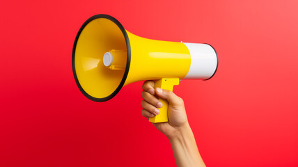 Salesperson's hand holding a yellow megaphone on a red background.