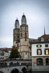 Zurich, Switzerland. Image captured Grossmunster and Munsterbrucke in gloomy weather. 