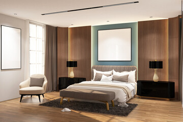 Modern contemporary  bed room with frame mock up on the wall. Design 3d rendering of gray and light woods. Design print for illustration, presentation, mock up, interior, zoom, background. Set 10