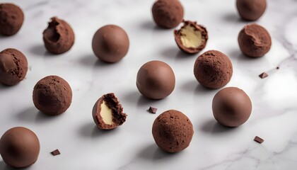 Delicious chocolate candy truffles on a marble background - obrazy, fototapety, plakaty
